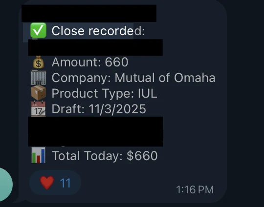 Redacted IUL sale posted in an agency sales chat