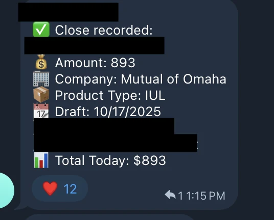 Redacted IUL sale posted in an agency sales chat