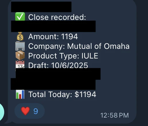 Redacted IUL sale posted in an agency sales chat