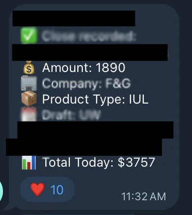 Redacted IUL sale posted in an agency sales chat