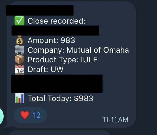 Redacted IUL sale posted in an agency sales chat