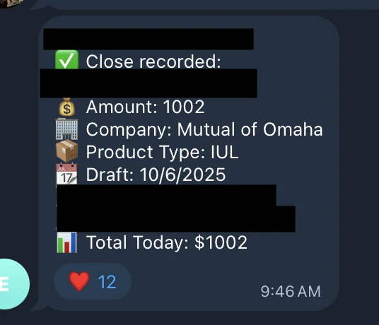 Redacted IUL sale posted in an agency sales chat