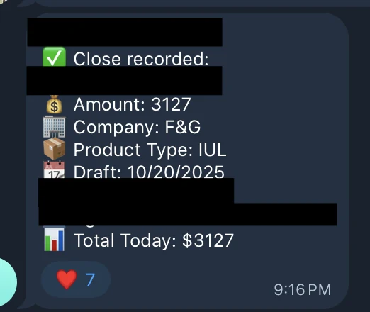 Redacted IUL sale posted in an agency sales chat