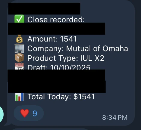 Redacted IUL sale posted in an agency sales chat