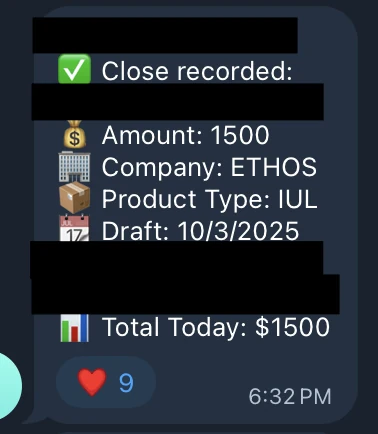 Redacted IUL sale posted in an agency sales chat