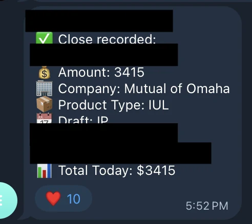 Redacted IUL sale posted in an agency sales chat