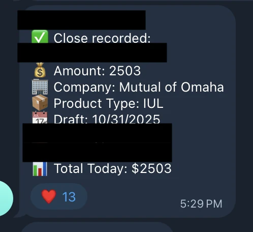 Redacted IUL sale posted in an agency sales chat