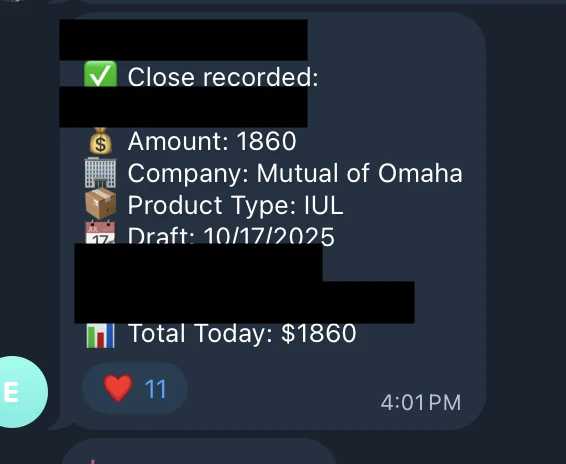 Redacted IUL sale posted in an agency sales chat