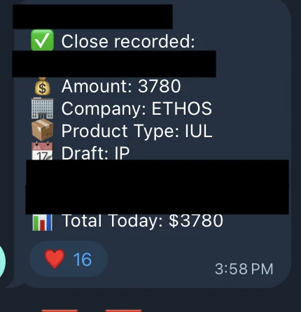 Redacted IUL sale posted in an agency sales chat