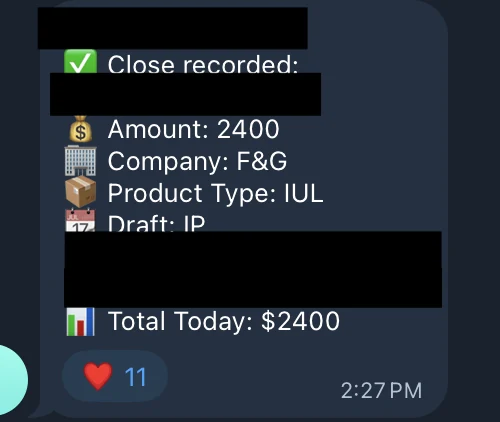 Redacted IUL sale posted in an agency sales chat