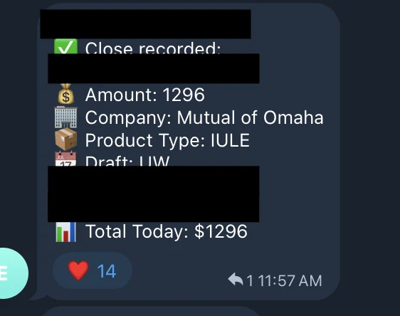 Redacted IUL sale posted in an agency sales chat