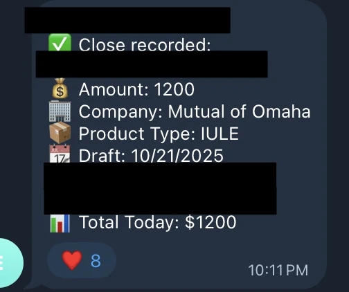 Redacted IUL sale posted in an agency sales chat