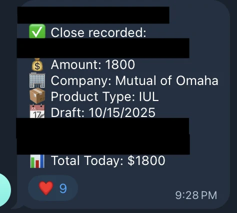 Redacted IUL sale posted in an agency sales chat
