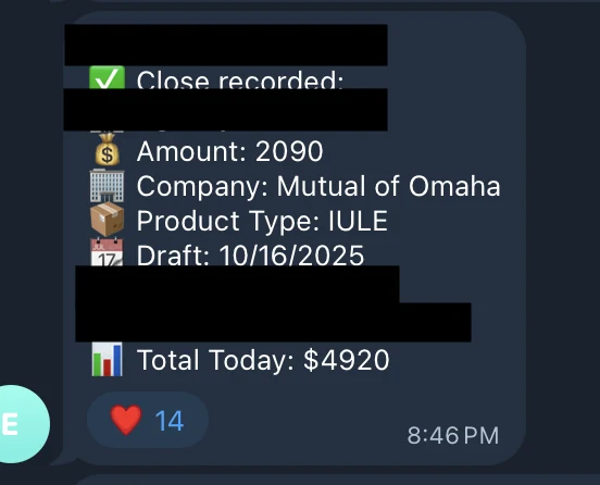 Redacted IUL sale posted in an agency sales chat