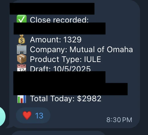 Redacted IUL sale posted in an agency sales chat