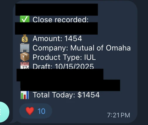 Redacted IUL sale posted in an agency sales chat