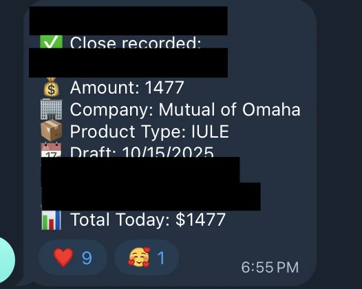 Redacted IUL sale posted in an agency sales chat