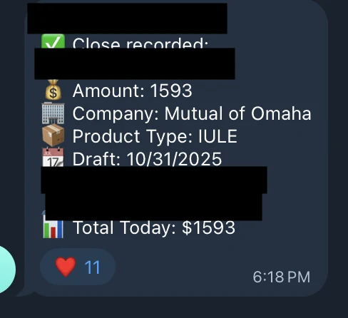 Redacted IUL sale posted in an agency sales chat