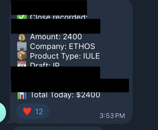 Redacted IUL sale posted in an agency sales chat