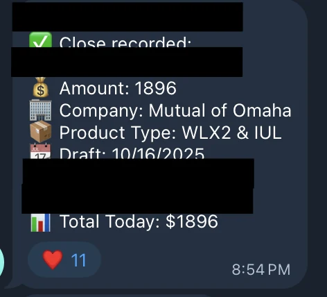 Redacted IUL sale posted in an agency sales chat