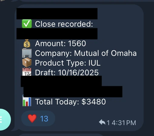 Redacted IUL sale posted in an agency sales chat