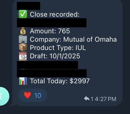 Redacted IUL sale posted in an agency sales chat
