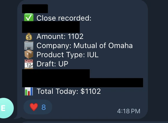 Redacted IUL sale posted in an agency sales chat
