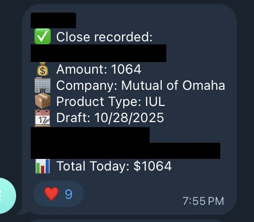 Redacted IUL sale posted in an agency sales chat