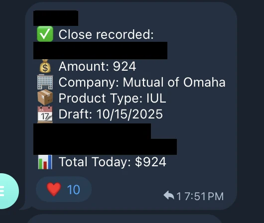 Redacted IUL sale posted in an agency sales chat