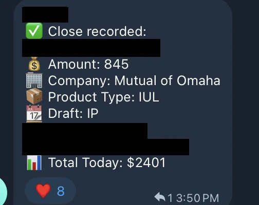 Redacted IUL sale posted in an agency sales chat