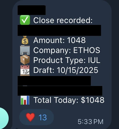 Redacted IUL sale posted in an agency sales chat