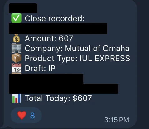 Redacted IUL sale posted in an agency sales chat