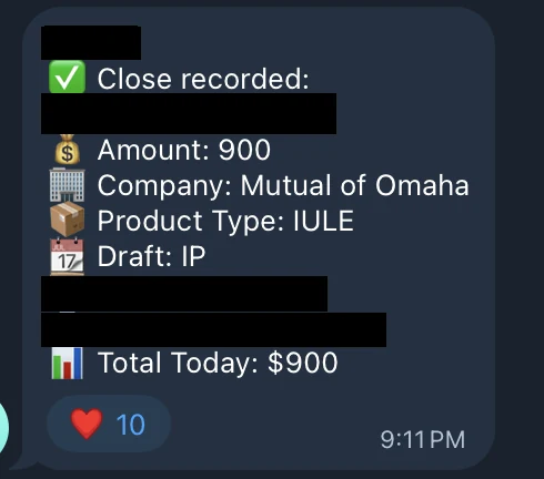 Redacted IUL sale posted in an agency sales chat