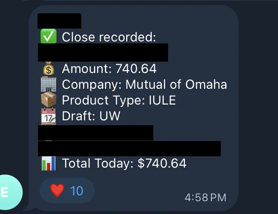 Redacted IUL sale posted in an agency sales chat