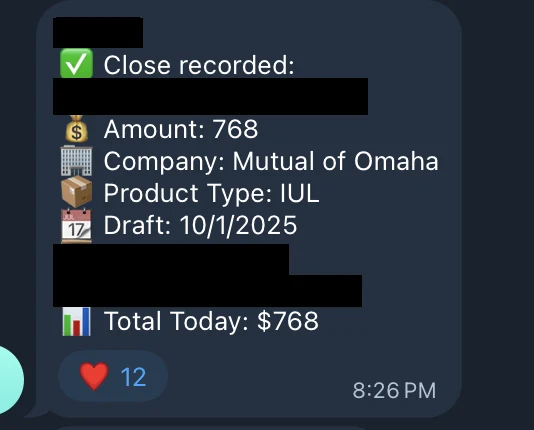 Redacted IUL sale posted in an agency sales chat