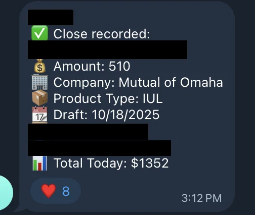 Redacted IUL sale posted in an agency sales chat