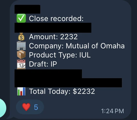 Redacted IUL sale posted in an agency sales chat