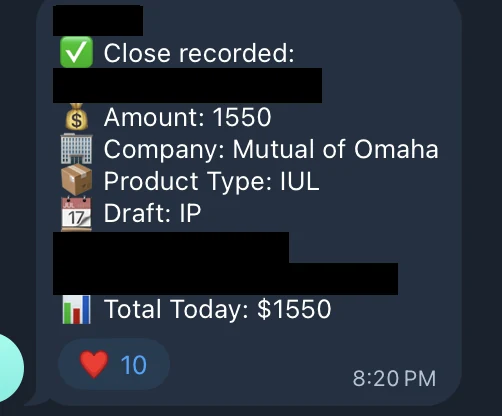 Redacted IUL sale posted in an agency sales chat