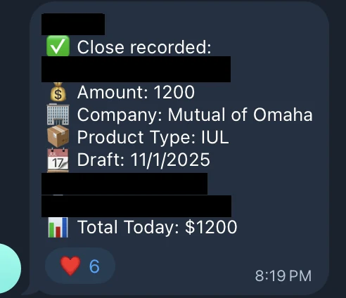 Redacted IUL sale posted in an agency sales chat