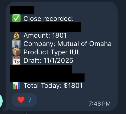 Redacted IUL sale posted in an agency sales chat