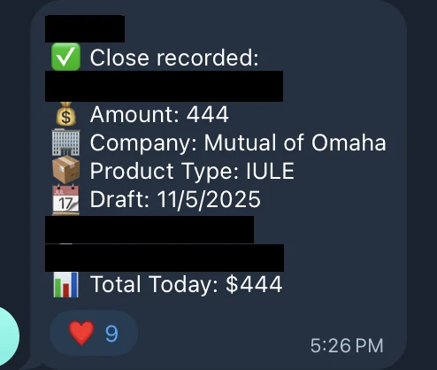 Redacted IUL sale posted in an agency sales chat