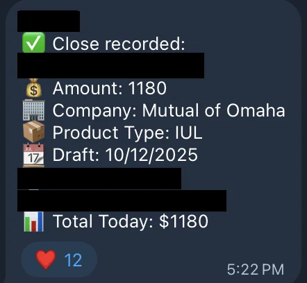 Redacted IUL sale posted in an agency sales chat