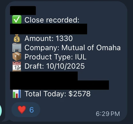 Redacted IUL sale posted in an agency sales chat