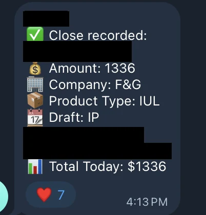 Redacted IUL sale posted in an agency sales chat