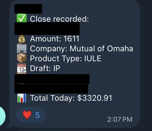 Redacted IUL sale posted in an agency sales chat