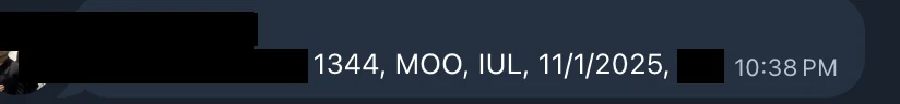 Redacted IUL sale posted in an agency sales chat