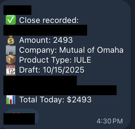 Redacted IUL sale posted in an agency sales chat