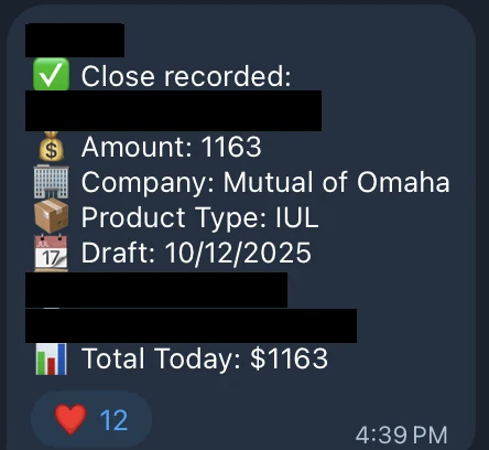 Redacted IUL sale posted in an agency sales chat