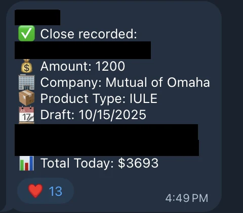 Redacted IUL sale posted in an agency sales chat