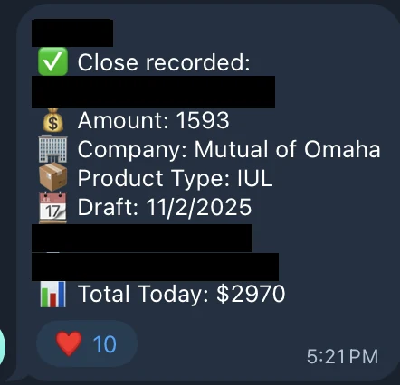 Redacted IUL sale posted in an agency sales chat